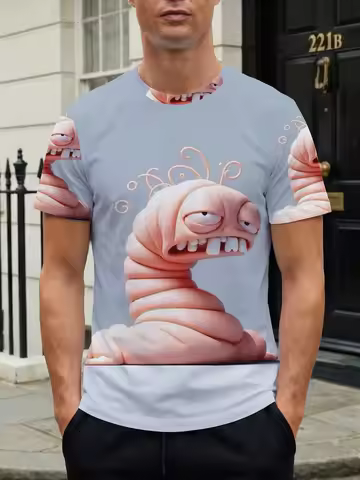 Funny Cartoon Worm Men's Shirts 3D Ugly Worm Graphic Short Sleeve Casual Summer Tops Cartoon Pattern