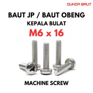 JP M6X16 Machine Screw Bolt M6 X 16 Pan Head 6X16 Screwdriver Bolt + Round Head Stainless SS304