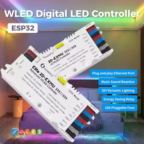 GLEDOPTO Elite 2D-EXMU WLED Controller ESP32 Music Reactive Ethernet Port 5-24V Addressable LED Stri