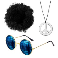 BCFSIP Hippie Costume Set Funky Afro Wig Sunglasses Peace Sign Necklace For 50/60/70s Theme Party