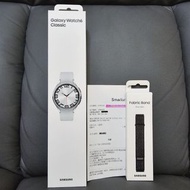 半價不議 Samsung 原封 Galaxy 不銹鋼 Watch6 Classic 銀色 47mm 旋轉式錶圈 eSIM (唔駛帶手機都可以打電話、傳訊息、仲聽埋串流音樂)，三星 保用到 2月21日 Watch 6 LTE 智能手錶，加+空氣感織布錶帶 $388，只限沙田站交收 / SF到付。