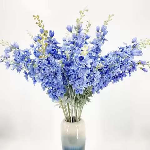 2 Fork Flocking Delphinium Flower Branch Silk Artificial Flowers for Home Wedding Hotel Decoration F