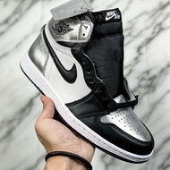 Pure Original Real Shot Top Layer Leather Ready Stock Air Jordan 1 high-Top Black Silver Toe Liquid 