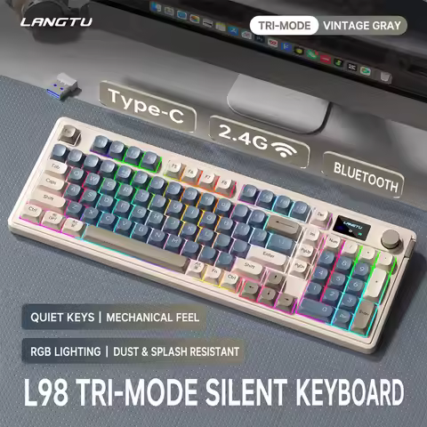 Langtu L98 Tri Mode Membrane Keyboard 98 Keys Silent Wireless Bluetooth 2.4g Wired Rgb Gaming Office