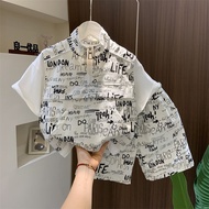 【1-11Y】 Summer New Boys' Baby Clothes Letter Full Print Collar Short Sleeve Top Casual Handsome Fash