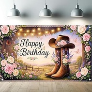 Western Cowgirl Birthday Backdrop Banner Country Boot Hat Floral Glitter Brown Rustic Wooden Photogr