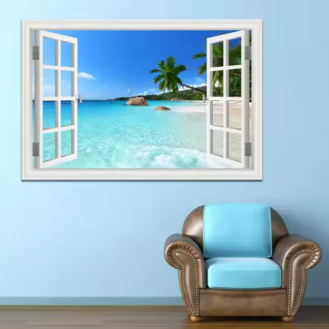 3D Window View Wall Sticker Beach Summer Beach Coconut Tree Wall Murals Removable Print Art Canvas P