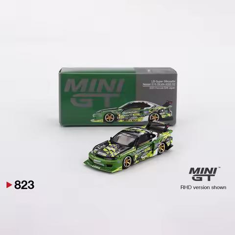 MiniGT 823 1:64 Nissan Silvia S15 LBWK Super Silhouette Blockchain Green Drift Race Car RHD Diecast 