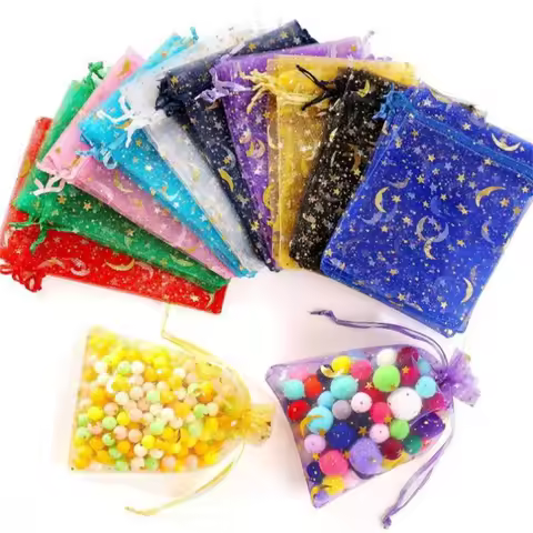 50/100pcs Multiple-sizes Printing Star Moon Organza Sack Drawstring Charm for Jewelry Gifts Display