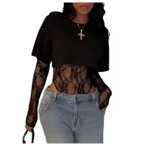 Milumia Women's Lace Bodysuit Y2K Pathwork See Through 2 in 1 Going Out Cropped Tee Tops Club Night 