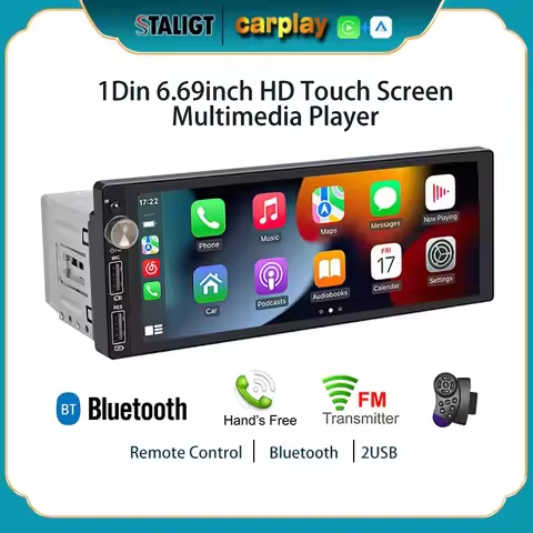 1Din Car Audio Carplay Android Auto Wireless Bluetooth FM Stereo Universal 6.69inch Video Multimedia