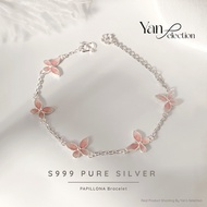 YANS S999 Pure Silver PAPILLONA Bracelet｜Pink Enamel Butterflies · CZ Blossom｜Elegant Charm