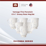 Vantage Fine Porcelain Ravenna Snowy Rose 6pcs Amber Mug Set with Gold | Premium Tea Coffee Mug Set