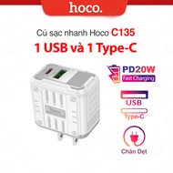 Củ sạc nhanh PD20W 1 cổng Type-C và 1 cổng USB Hoco C135 tương thích nhiều thiết bị chân dẹt