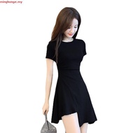 Women Hepburn Style Short Sleeve Irregular Dress Solid Color Causal Dress