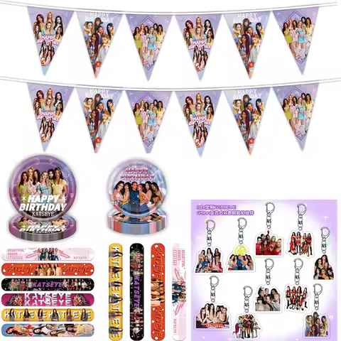 Birthday Party Decoration Banner Tableware Set K&Katseye Print Triangle Pennant Flag Snap Braclet Ke