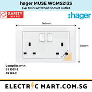 hager MUSE WGMS213S 13A twin switched socket outlet c/w M3.5 x 27mm long screws(Suitable for BTO switch replacement HDB new installations Singapore standard size switch hole for easy installation) *NEW beehive-like design plate