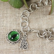 Green Glass Cat Eye Evil Eye Silver Cat Kitten Charm Protection Bracelet Jewelry