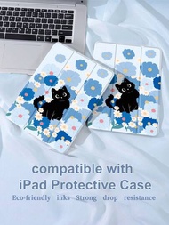 藍色花與貓咪款ipad保護套,適用於ipad 10.2英寸2021/2020年ipad第9/8代、華為matepad 10.4/平板電腦/小米等配件,支援筆套,支援自動開關蓋子