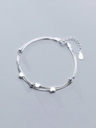 925純銀珠子和愛心設計吊墜女士手環,可調節鏈條,優雅珠寶和手錶,浪漫禮物