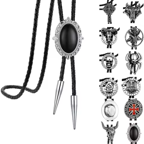 U7 Stainless Steel Bolo Tie for Men Woman Cowboy Hat Cross Viking Runes Wolf Hammer Goat Skull Black