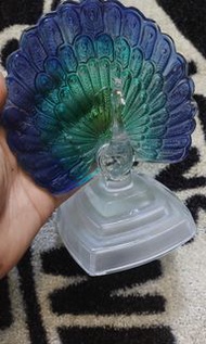 French Crystal Peacock Figurine by Cristal D'Arques, Blue Glass Bird Statue 水晶玻璃孔雀