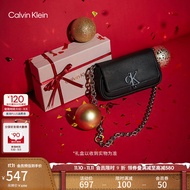 Calvin Klein时尚单肩包礼物链条包包金属字母旋扣翻盖CK女包斜挎马鞍包DH3240 UB1-太空黑 OS
