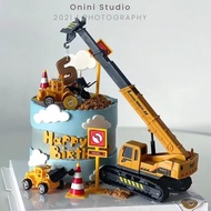兒童周歲生日蛋糕裝飾起重機吊車工程車挖掘機擺件施工路障插件