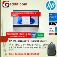 HP 14S-DQ2608TU / 15S-FQ2538TU LAPTOP (I7-1165G7,8GB,512GB SSD, FHD,IRIS XE GRAPHICS,WIN11) FREE BACKPACK + PRE-INSTALLED OFFICE H&amp;S