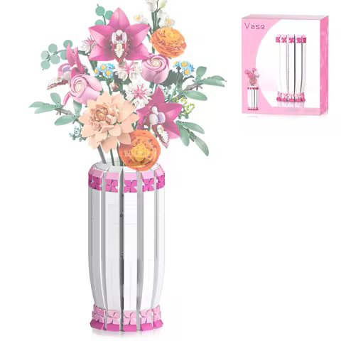 Vase for Lego 10280 10328 10342 Flower Bouquet Building Set and Artificial Flowers, Pink Vase Buildi