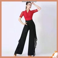 Dance since wide-legged pants waist trousers falbala joker hang down feeling acr舞蹈阔腿裤子女高腰裤子荷叶边百搭垂坠感练