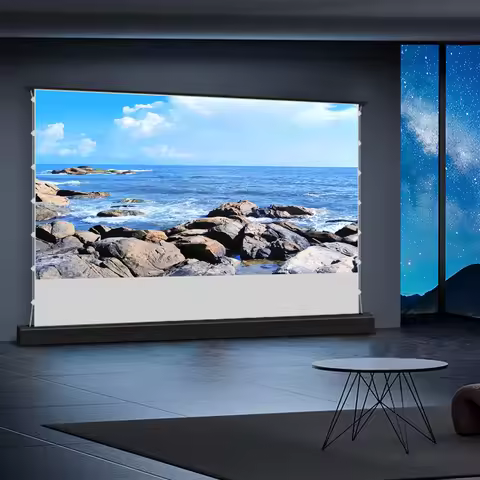 2025 Electric Floor Rising Projection Screen Tab-Tensioned Motorized 72-150 inch 16:9 Cinema White 4