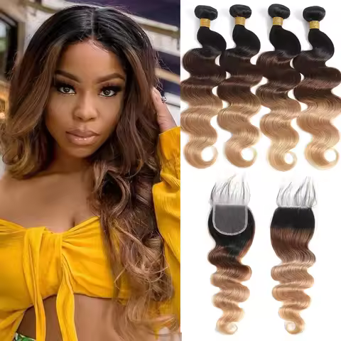 Ombre Color Body Wave Human Hair Bundles with closure Brazilian human hair 1b/4/27 Hair Weave Bundle