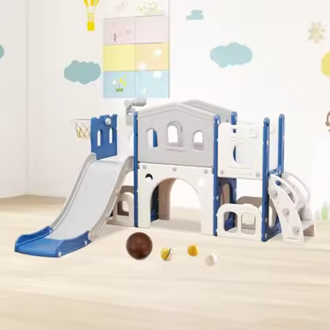 8 in 1 Toddler Slide Set Kid Slide with Basketball Hoop Telescope and Climber Indoor Outdoor Playset