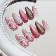 Peach Blossom Pattern Cat Eyes 3D Rhinestone Decoration Long Almond Fake Nails 24 Pcs/box Z884
