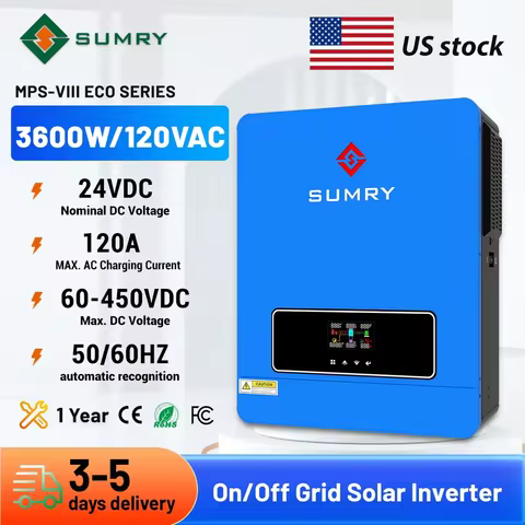 SUMRY Solar Inverter 3.6KW 24V 120V Pure Sine Wave on/Off Grid Inverter MPPT 110A Controller Charger