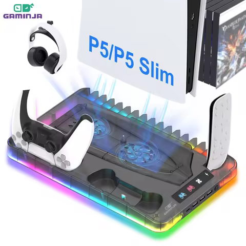 GAMINJA Host Heat Dissipation Base For PS5 With 7 Color Light Effect Headphone Hook Game Disc Storag
