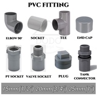DoDo[Ready Stock]PVC Fitting Elbow 90 Deg./Socket/Tee/End Cap/PT Socket/Valve Socket/Plug/Tank Connector(15mm/20mm/25mm)