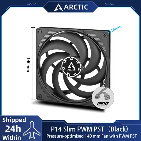 ARCTIC P14 Slim PWM PST Black 140mm Case Fan, with PWM Sharing Technology (PST), Pressure-optimised,