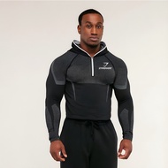 Gymshark Men Hooded Long Sleeve Compression Shirt Quick Dry Spliced Mesh Gym Workout Baselayer Sport