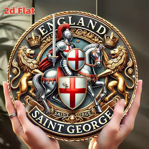 2D Flat, 2D Flat England St. George's Cross Knight Emblem Wall Plaque - Medieval Aluminum Round Meta