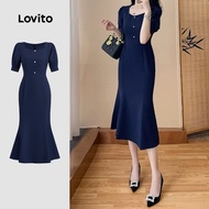 (New) Lovito Casual Dress Button Retro Commute Spring/summer Blue Dress for Women L142ED209 (New) Lo
