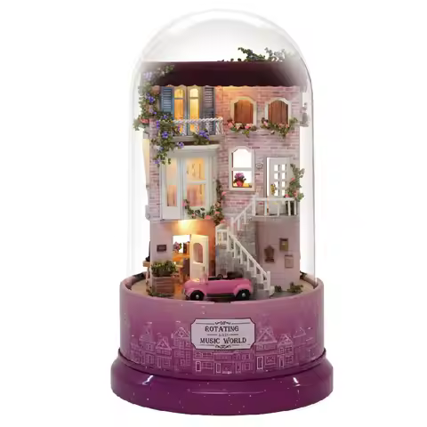Rotating music box forest hut DIY handmade gift assembled glass ball cover tree house small house