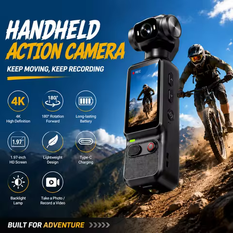 4K HD Handheld Outdoor Action Camera Portable Pocket Camera 180 ° Rotating Record Vlog Life Video Re