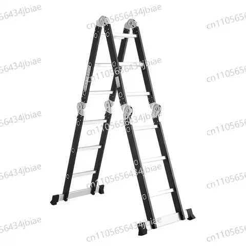Thickened multifunctional iron-aluminum combined folding herringbone ladder four-fold telescopic lad