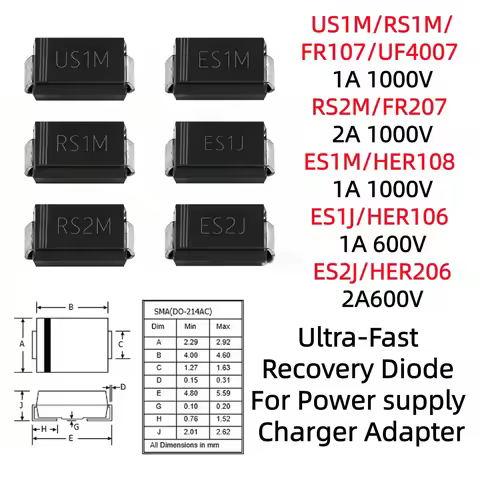 US1M/RS1M/FR107/UF4007 RS2M/FR207 ES1M/HER108 ES1J/HER106 ES2J/HER206 Ultra-Fast Recovery Diode For 