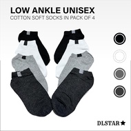 [BUNDLE OF 4] DLSTAR Low Ankle Unisex Cotton Soft Comfortable Socks In Pack of 4