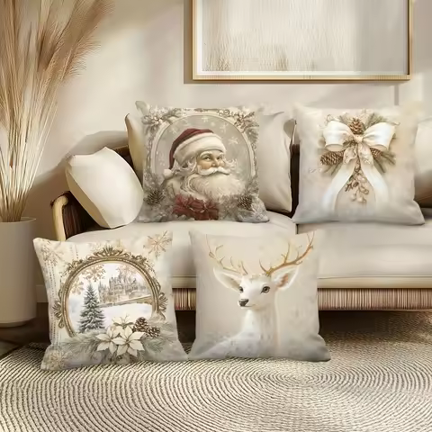 Juego 4 fundas cojín Navidad con Santa Claus, renos y copos nieve beige, adornadas con elegantes laz