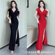 Sexy V-Neck Long Split Evening Gown Polyester Fabric Slimming Technician Work Uniform Elegant A- Lin