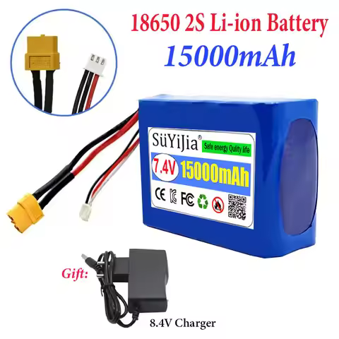 18650 2S5P 7.4V 15000Ah Rechargeable Lithium Ion Battery Pack XT60 XH2.54-3P Plug，For Various RC Air